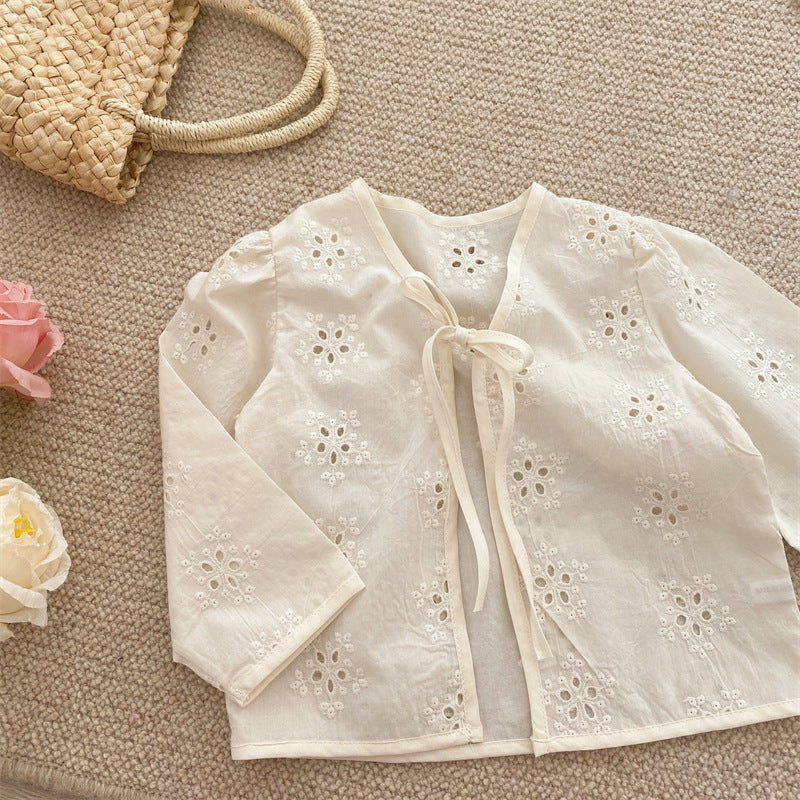 Baby/Kids Flower Embroidery Lace Long-Sleeve Collarless Cardigan [mh0001791]