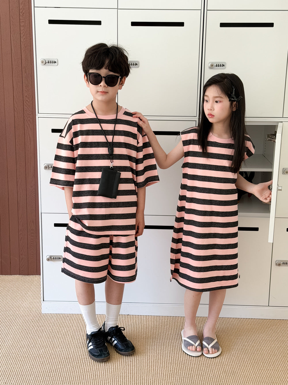 Stripe Loose T-shirt Dress And Shorts Set ボーダー 半袖Tシャツ ハーフパンツ ノースリーブワンピース【mh0013520】