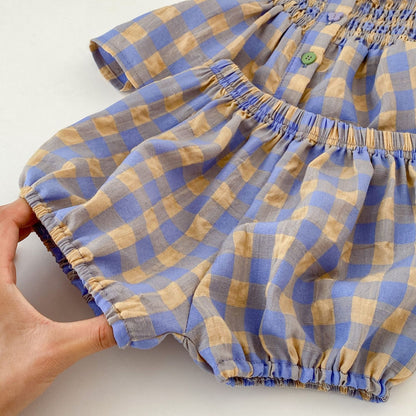 ベビーチェック柄のシャーリングショートパンツ、ゴムウエスト