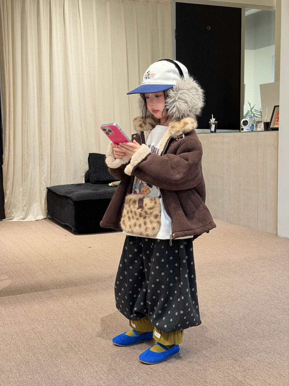 Chaqueta de antelina con cuello de pelo de leopardo y pantalones largos de lunares para niños y jóvenes 【mh0014693】