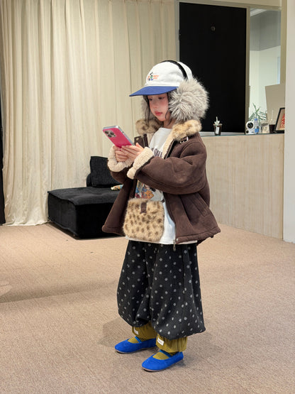 Chaqueta de antelina con cuello de pelo de leopardo y pantalones largos de lunares para niños y jóvenes 【mh0014693】