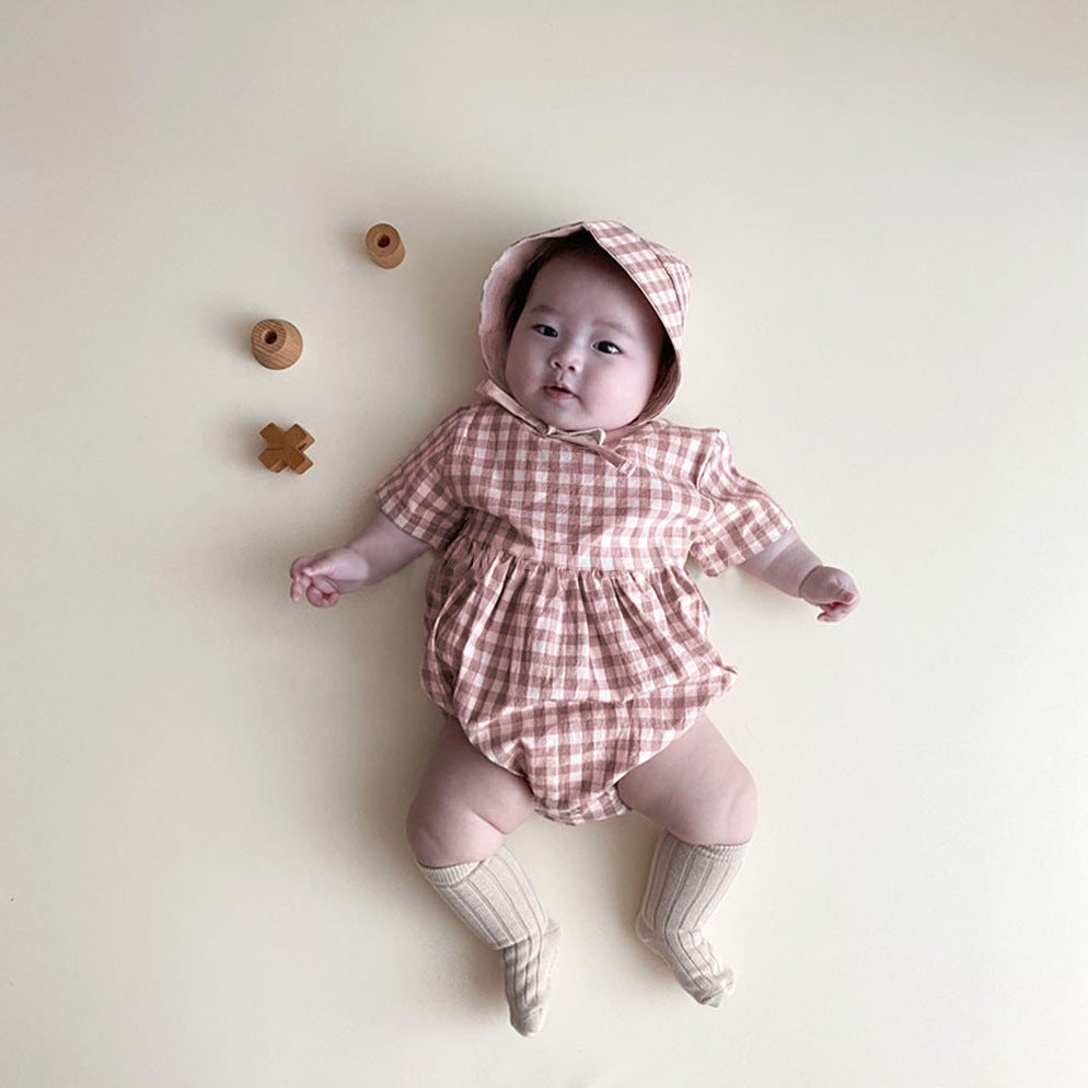 Plaid Short Sleeve Romper with Bonnet チェック柄 半袖 ロンパース ボンネット【mh0012673】
