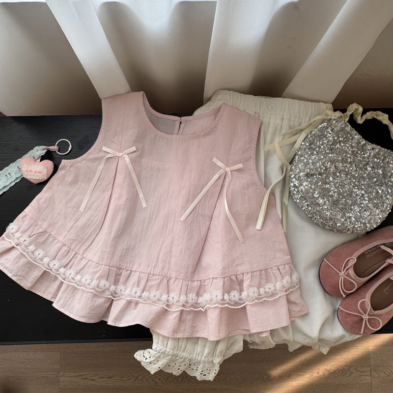 Lace Trim Bow Blouse リボン フリル ノースリーブブラウス【mh0013120】