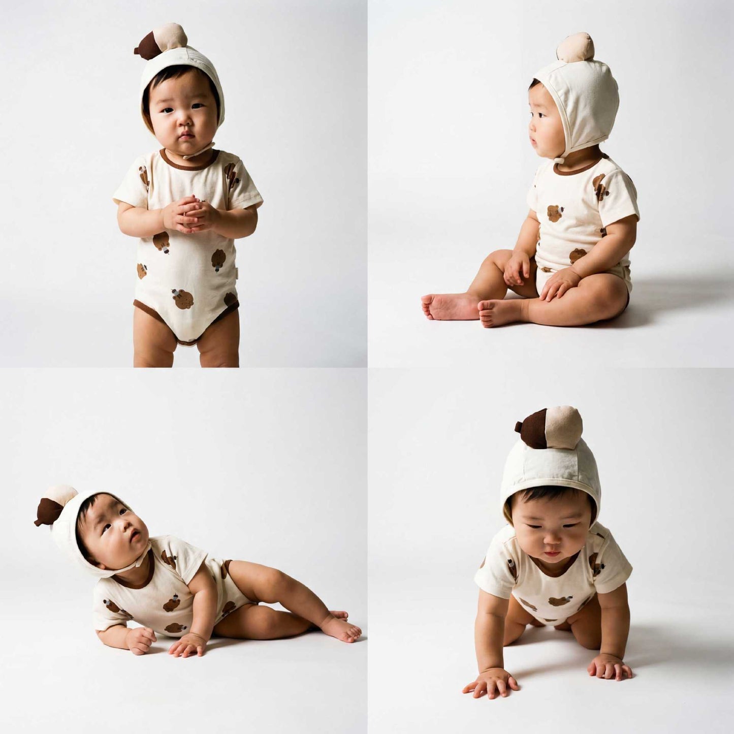 Short Sleeved Squirrel Print Jumpsuit With Chestnut Hat リスプリント 半袖ロンパース【mh0013360】