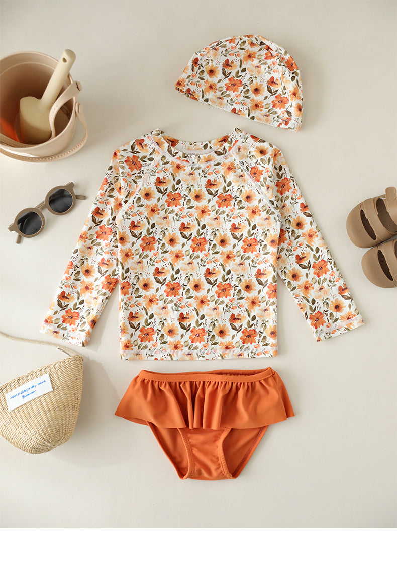UPF50 Plus Floral Long Sleeve Swimsuit Rash Guard 3-piece Set [mh0012593]