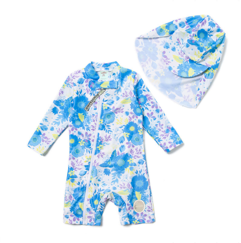 Long-sleeve Diagonal Zipper One-piece Beach Sun Protection Surf Suit ボタニカル 長袖水着 帽子セット【mh0013316】
