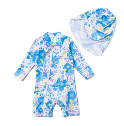 Long-sleeve Diagonal Zipper One-piece Beach Sun Protection Surf Suit ボタニカル 長袖水着 帽子セット【mh0013316】