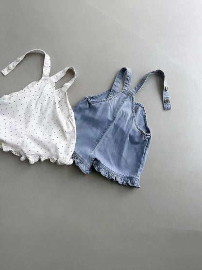 Polka Dot Denim Suspender Shorts