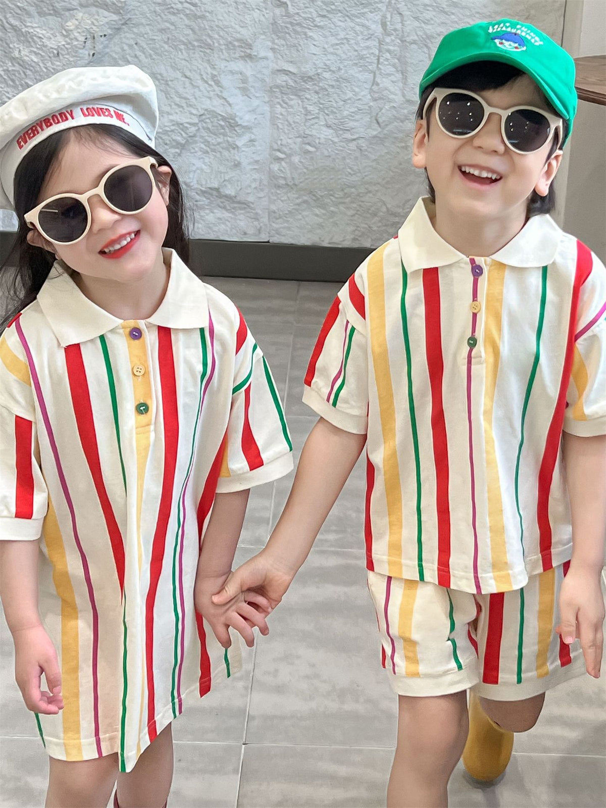 Polo de rayas de colores para niños, pantalón corto, vestido [mh0001948]