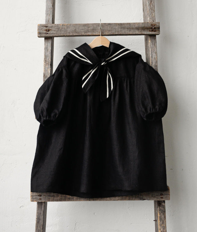 Kids' Sailor Collar Detachable Puff Sleeve Linen A-Line Long-Sleeved Dress [mh0013876]