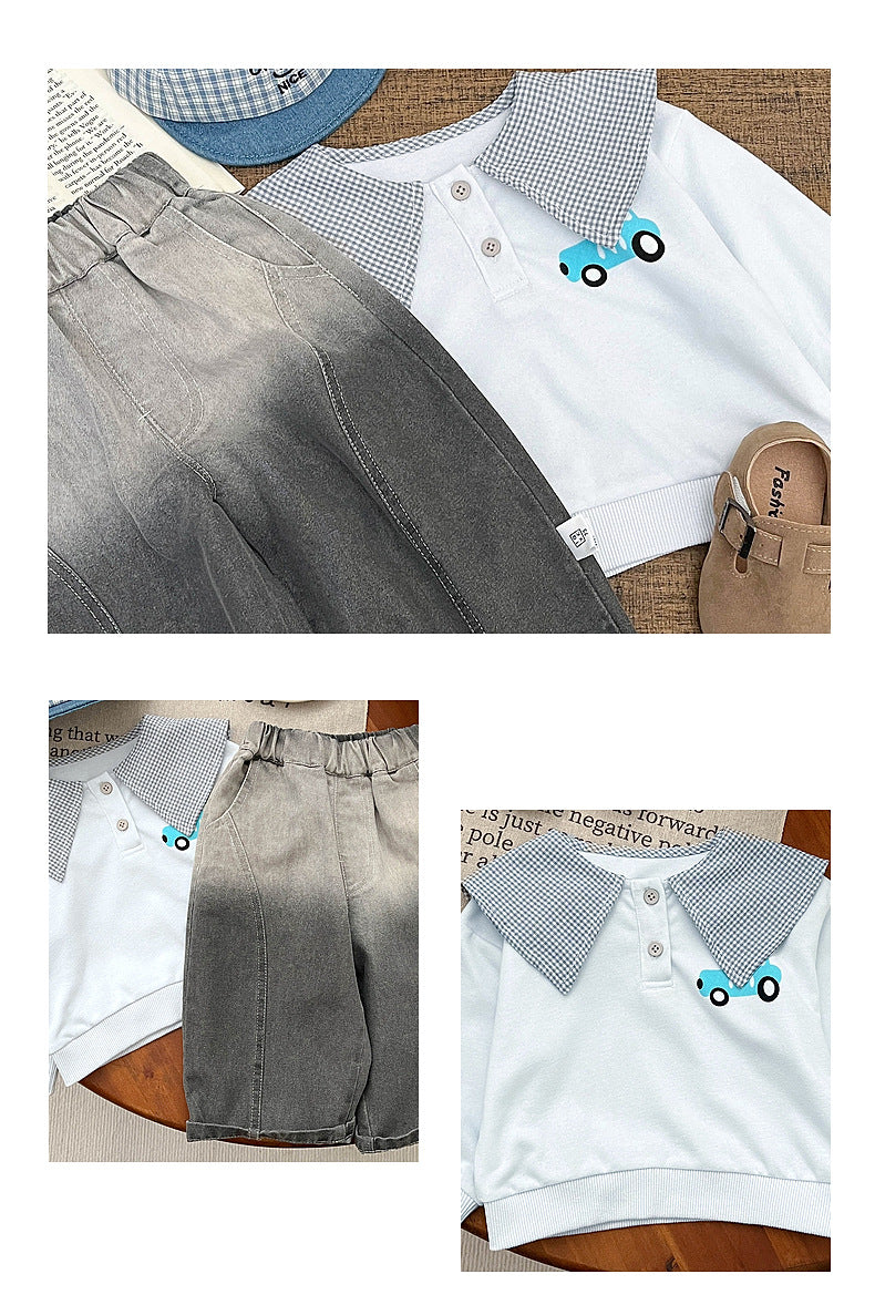 Sudadera con cuello, bordado, botones a presión y estampado de coches, de algodón, para bebé y niño, de manga larga【mh0013995】