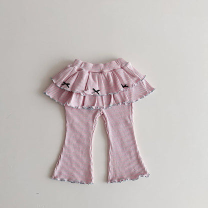 Tiered Skirt Ribbed Flared Pants ストライプフリル付ロングパンツ【mh0012935】