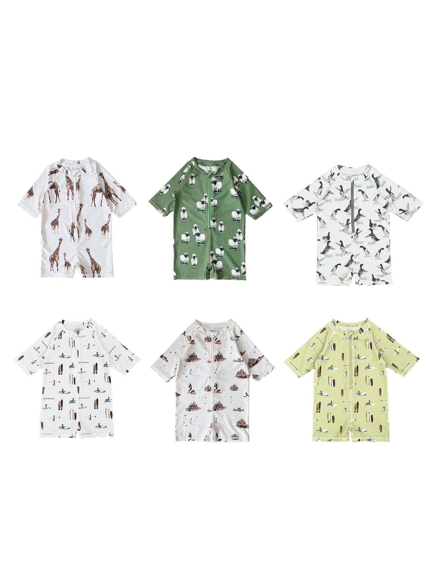 -キッズ水着 ボーイズ 長袖ジップアップつなぎ ワンピース+帽子セット アニマルプリント スイムウェア【mh0005992】 - mamahalo shop - ベビー用水着 -  べビー服 - 子供服 - 男の子 - 女の子