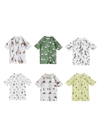 -キッズ水着 ボーイズ 長袖ジップアップつなぎ ワンピース+帽子セット アニマルプリント スイムウェア【mh0005992】 - mamahalo shop - ベビー用水着 -  べビー服 - 子供服 - 男の子 - 女の子