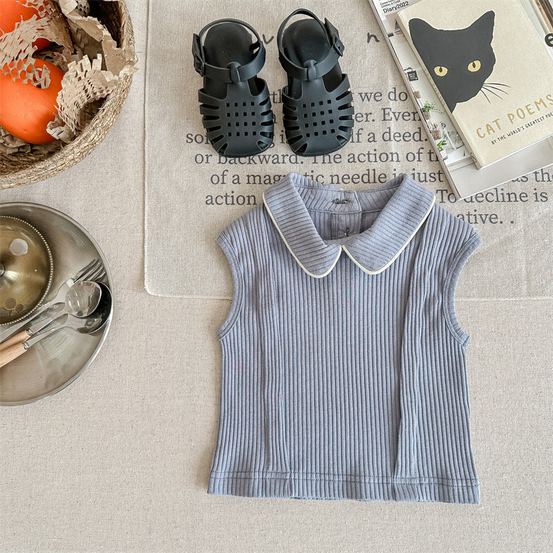 Kids' Ribbed Sleeveless T-shirt with Collar and Round Neck【mh0001795】