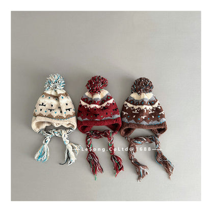 キッズ帽子 ジャカードニット ぽんぽん 耳当て付き 三つ編みコード【mh0011803】