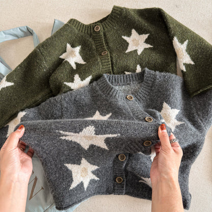 ニットカーディガン スター星 モノトーン ラグラン カジュアル アウター【mh0011612】