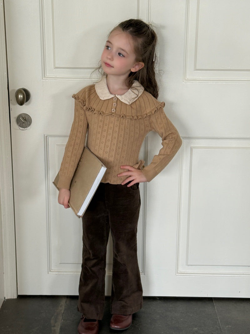 Kids' Color Blocked Crew Neck Mellow Ruffled See-Through Knit Long Sleeve Sweater