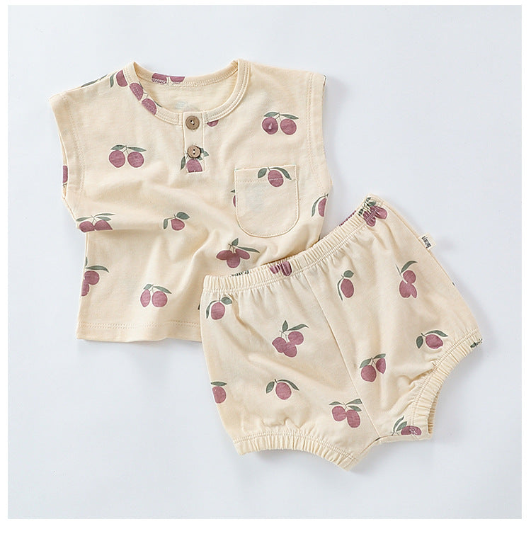Sleeveless Fruit Pattern Shorts Set フルーツ 半袖Tシャツ ショートパンツ セット【mh0013586】
