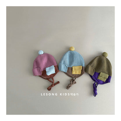 キッズ ニット帽 パッチワーク カラーブロック ポケット付き 耳当て 防寒【mh0011602】