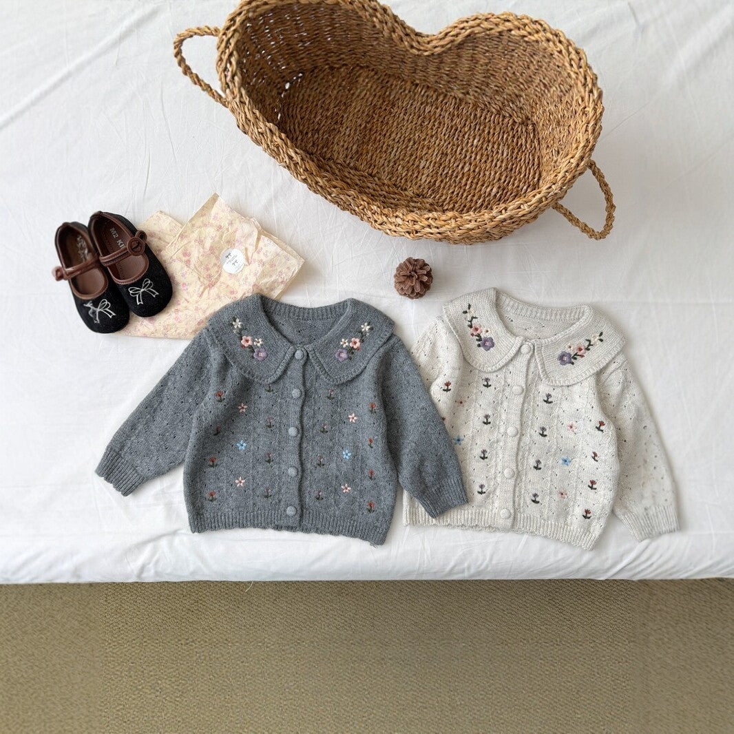 キッズ フラワー 総柄 刺繍 丸襟 ニット カーディガン【mh0014527】