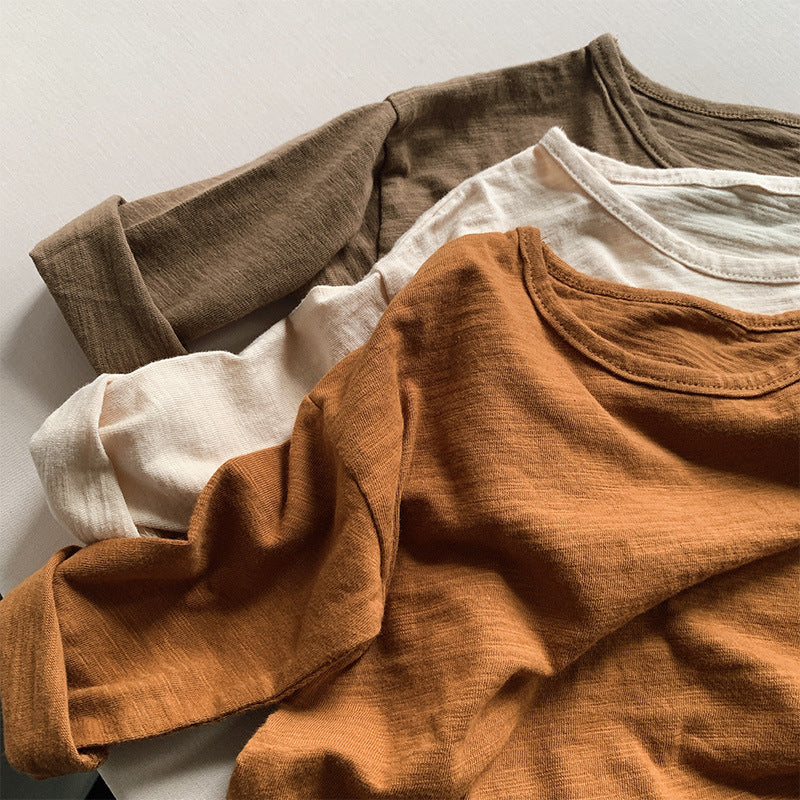 キッズ用ルーズ長袖Tシャツ（ドロップショルダー）、茶系・白・キャラメル