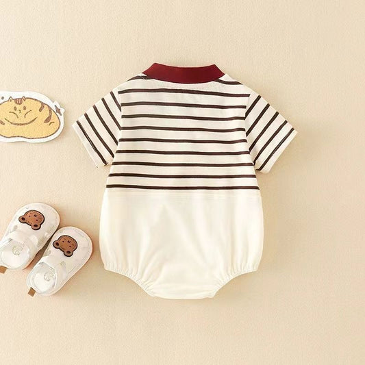 ベビーロンパース 半袖ドッキングボディスーツ ボーダー タピオカプリント【mh0005504】
