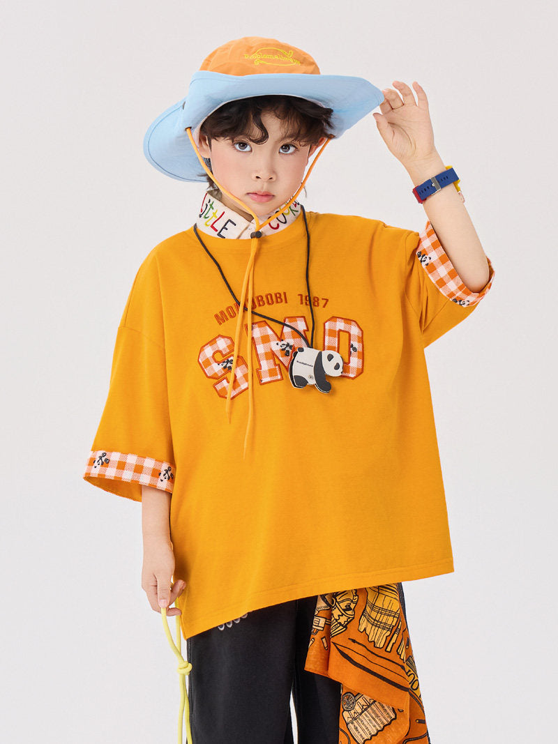 Checkered Patchwork Tee Denim ギンガムロゴ 半袖Tシャツ デニムハーフパンツ【mh0012992】