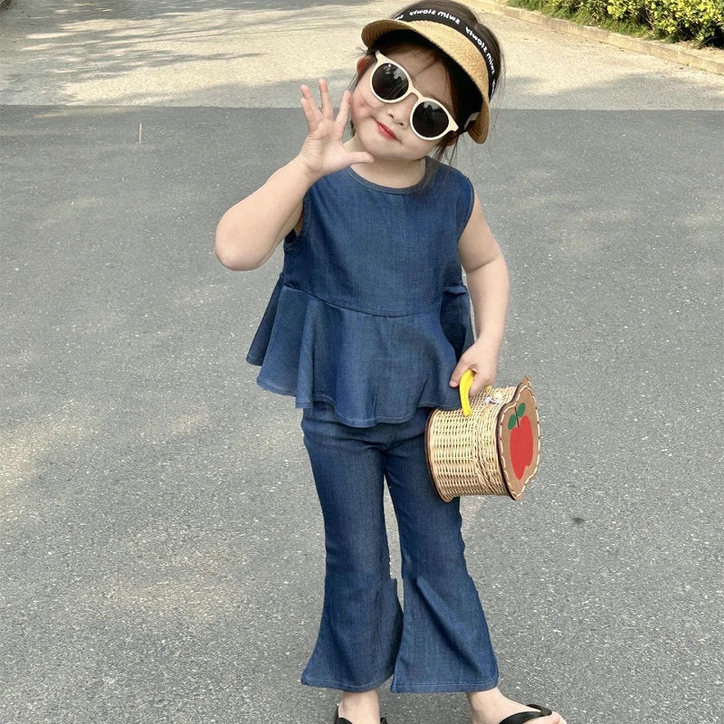 Kids' Denim Sleeveless Peplum Blouse and Flare Pants Set [mh0001861]
