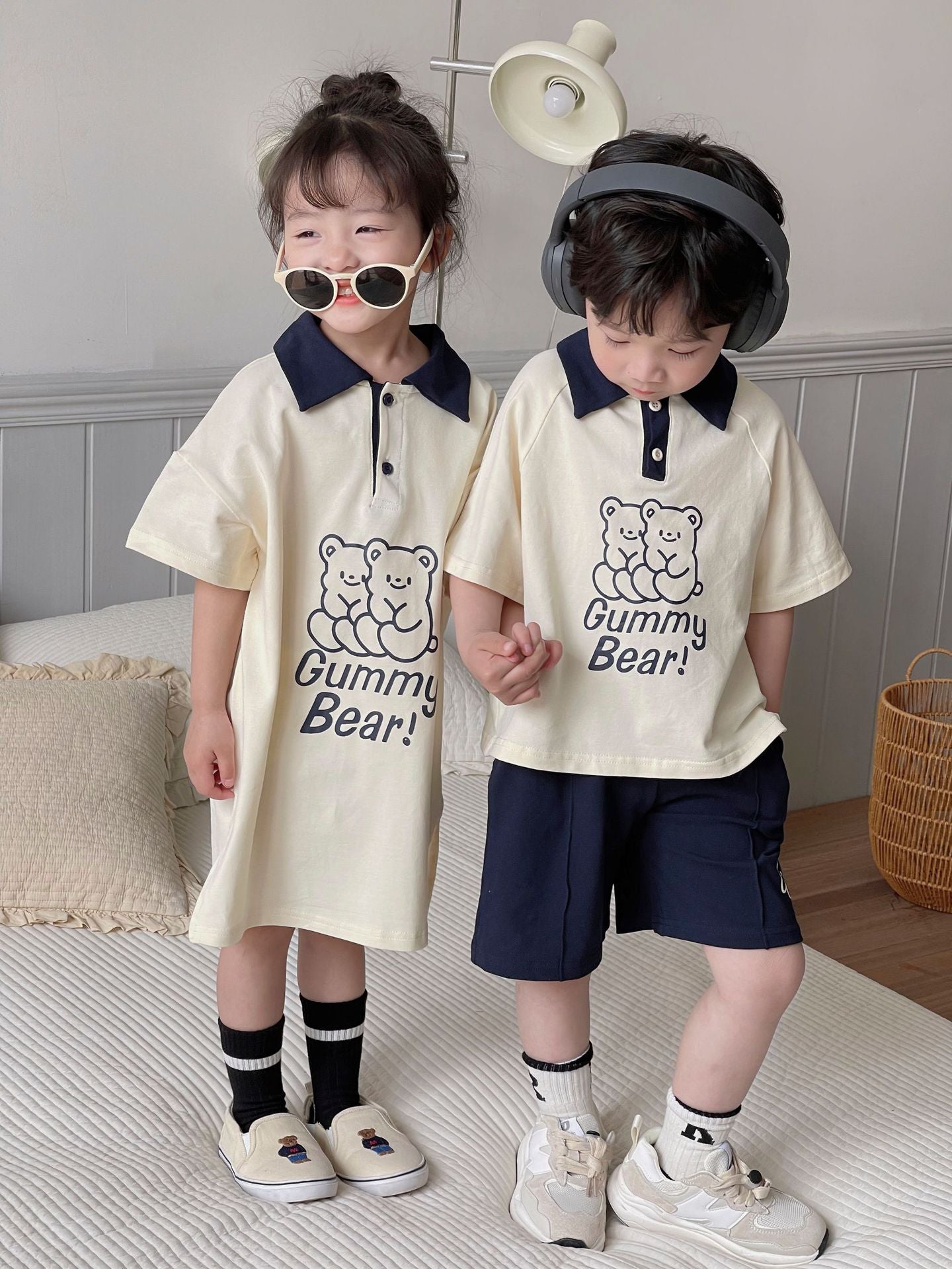 Polo de manga corta con estampado de osos para niños, pantalones cortos y vestido [mh0001950]