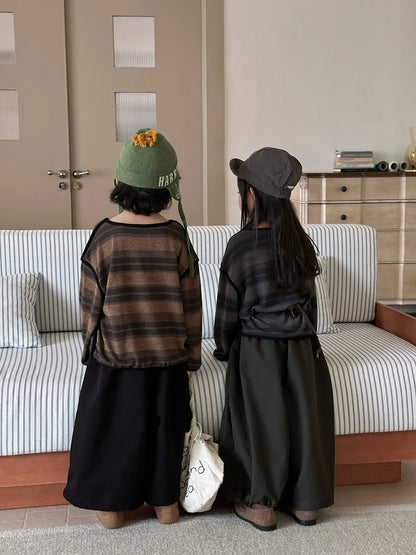 キッズ ボーダー柄ルーズ長袖Tシャツ（背面）茶系ボーダーとパイピング