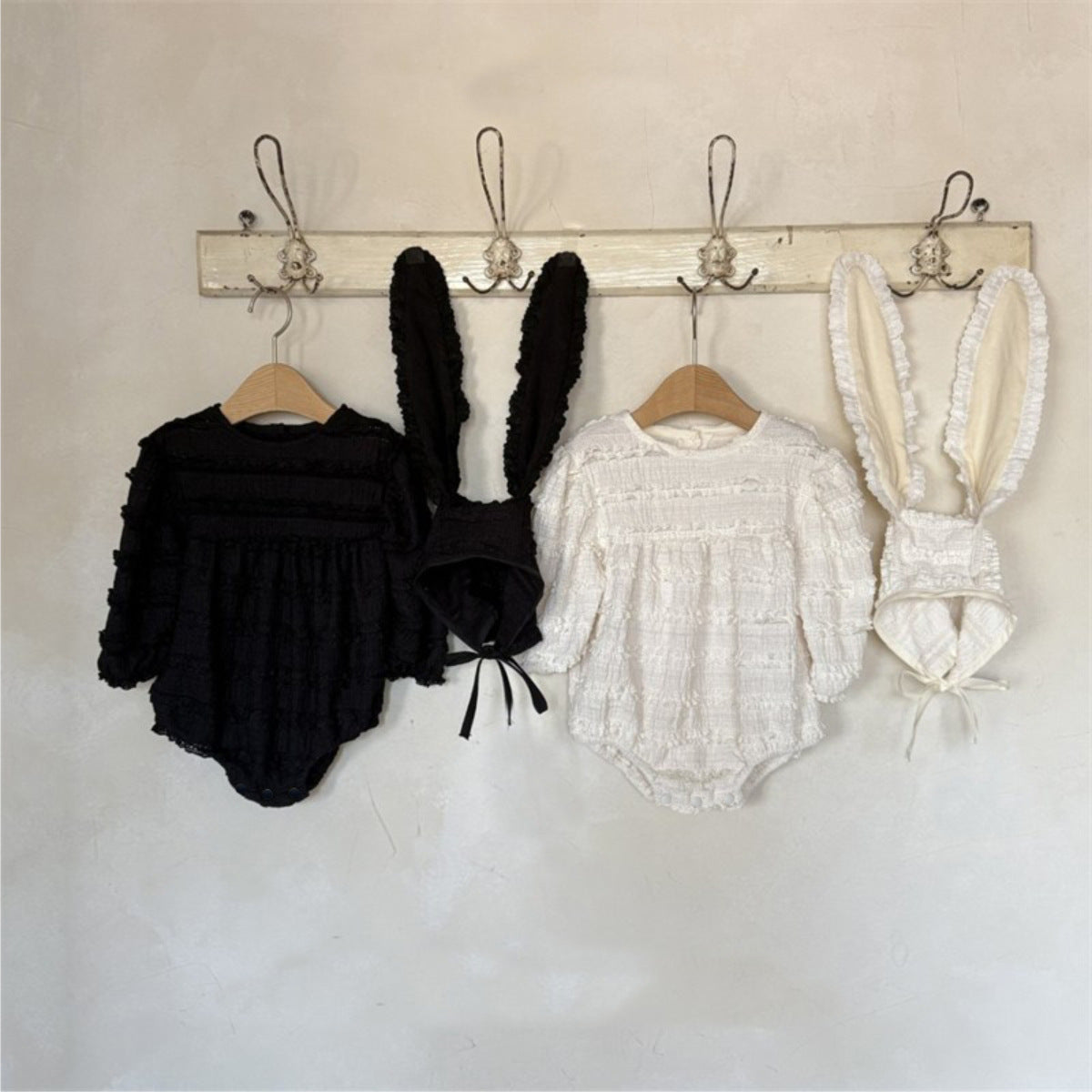 Baby Long Sleeve Romper with Ruffles, Bunny Ear Bonnet Set【mh0013880】