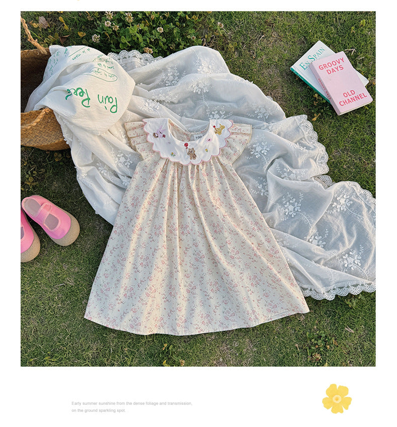 アニマル刺繍 コットン フリル 丸襟 半袖ワンピース フレンチシック【mh0013661】