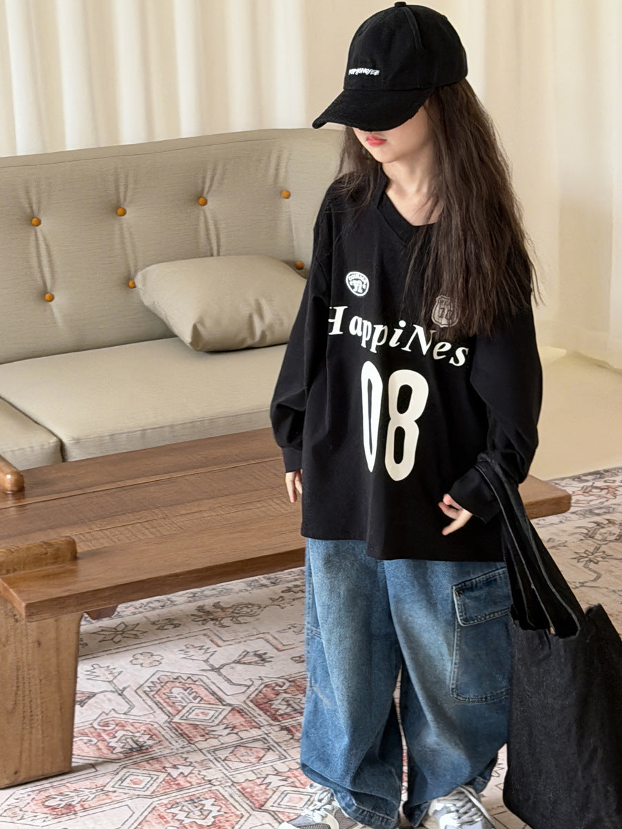 キッズ ジュニア 数字 英字 プリント ルーズ ビッグシルエット 長袖 Tシャツ【mh0014473】