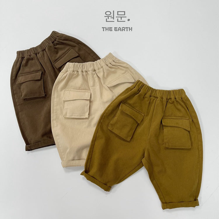 Pantalón largo suelto cargo de niño con bolsillos y solapa 【mh0013944】