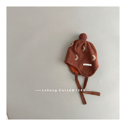 ベビー帽子 チェリー/ムーン月 ニット 耳当て付き ニットキャップ【mh0011829】