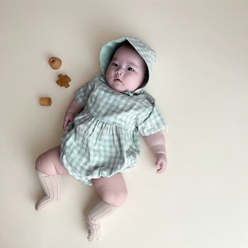 Plaid Short Sleeve Romper with Bonnet チェック柄 半袖 ロンパース ボンネット【mh0012673】