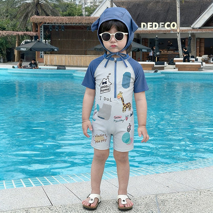 Cartoon Giraffe Quick-Dry Swimwear キリン 半袖水着 スイムキャップ セット【mh0013329】