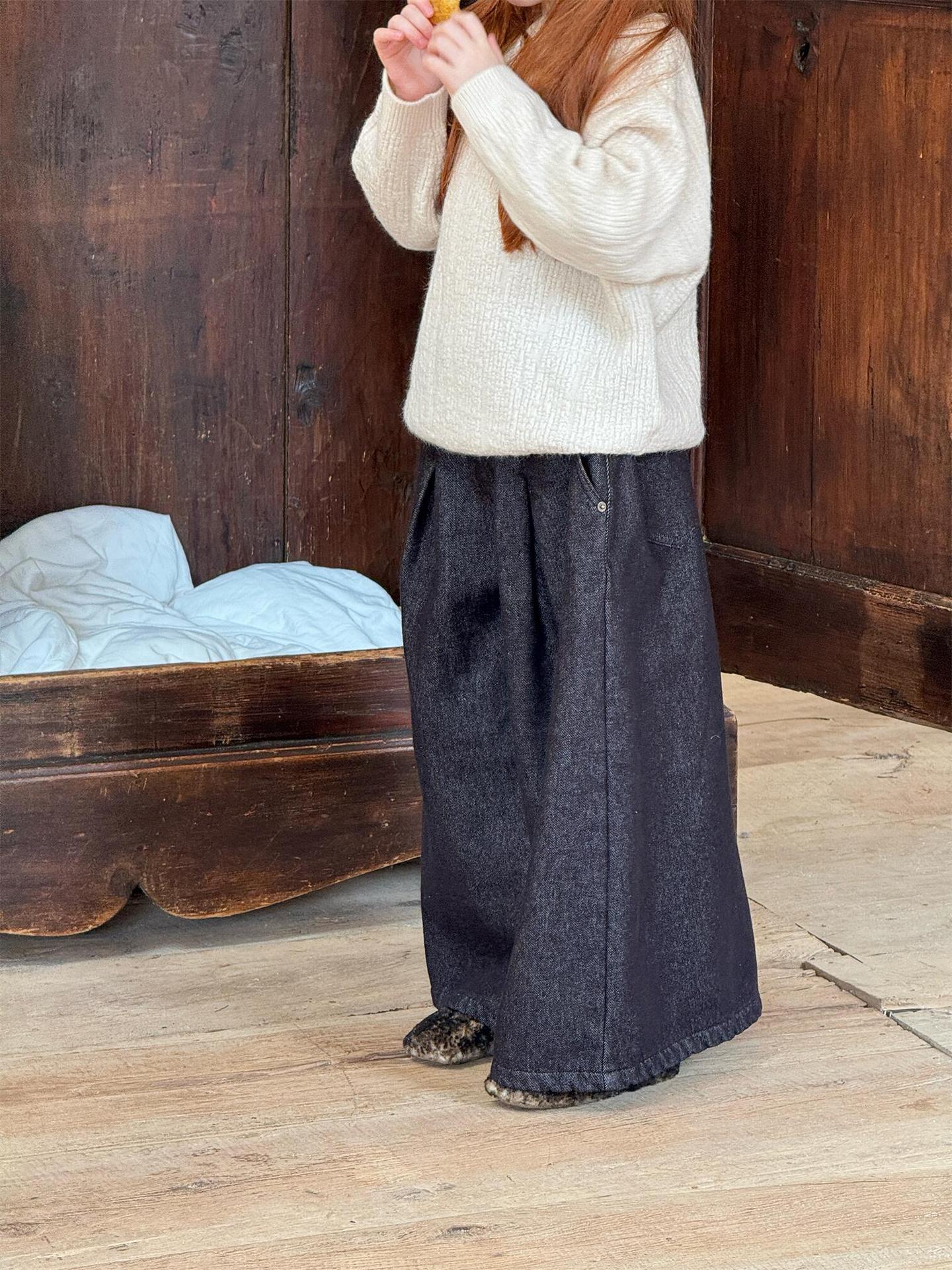 デニムパンツ ワイドルーズ 裏フリース ブラックデニム ジーンズ【mh0011773】