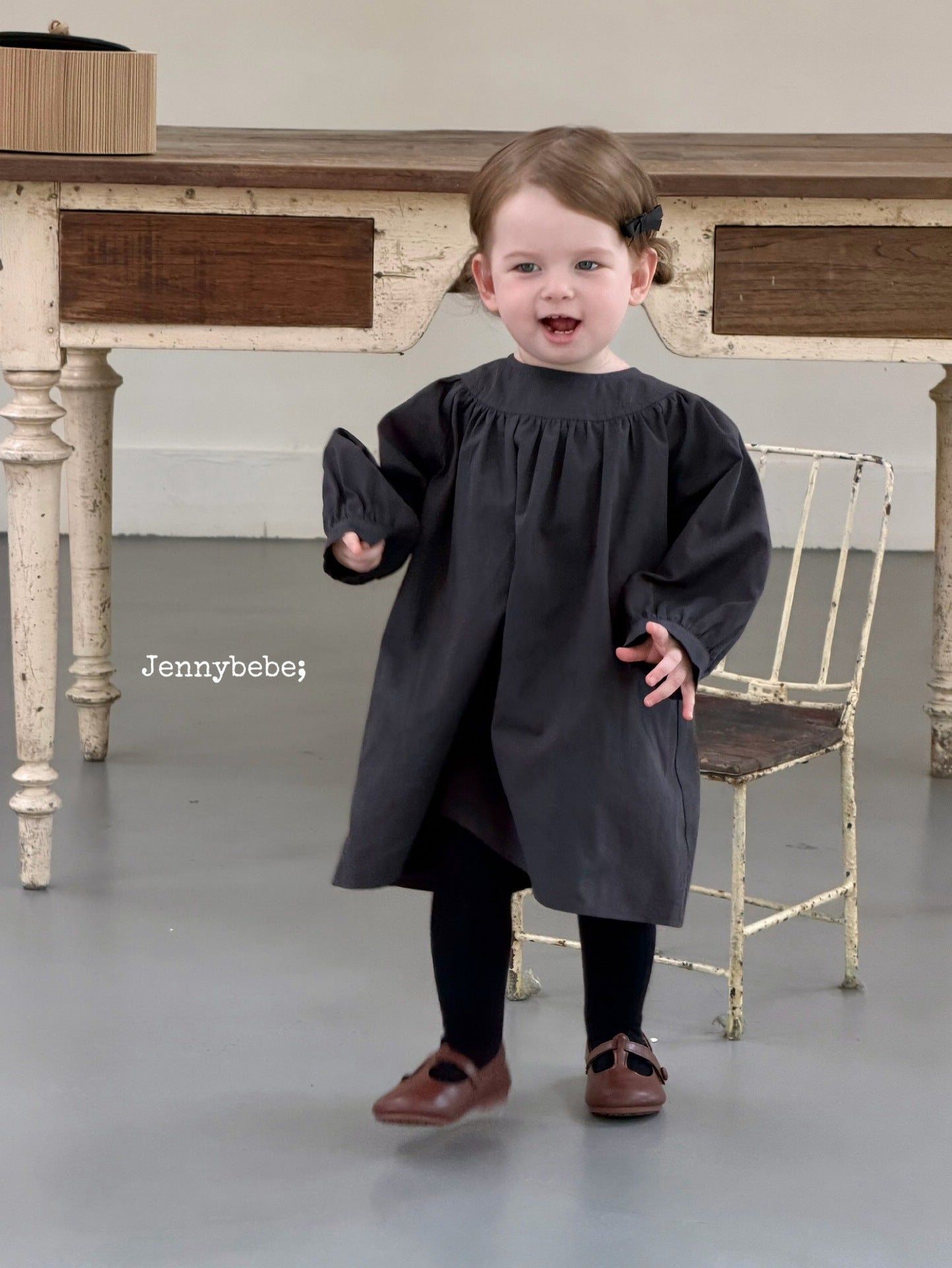 Kids' Plain Long-Sleeved Back-Button Gathered-Waist Flared Dress
