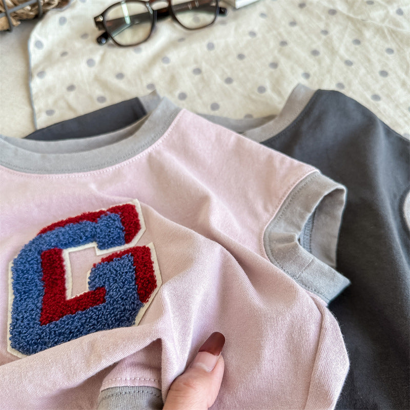 Kids' Alphabet Patchwork Applique Ringer Loose Short-Sleeved T-Shirt [mh0001820]