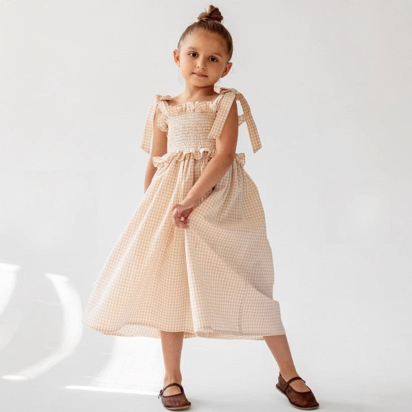 Vestido de tirantes a cuadros de algodón de verano para niñas rusas INS 2026, vestido de princesa de elegancia británica en stock【mh0013861】