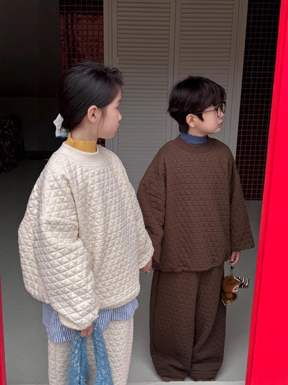 キルティングセットアップ キッズ 中綿 厚手 ダイヤ柄 ルーズフィット【mh0011681】