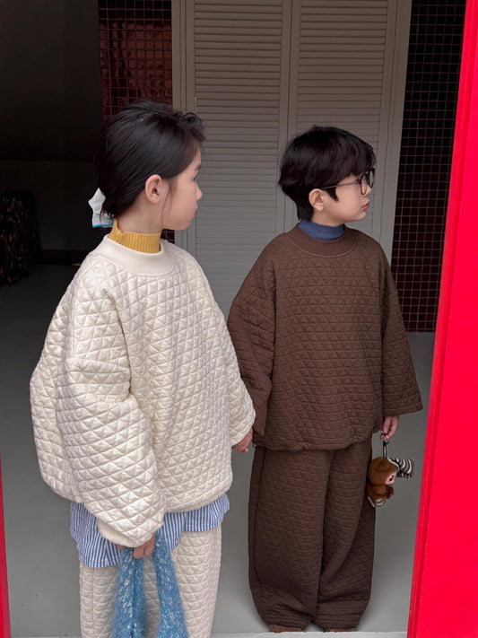 キルティングセットアップ キッズ 中綿 厚手 ダイヤ柄 ルーズフィット【mh0011681】