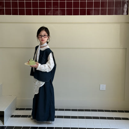 -デニムベスト+ワイドパンツセットアップ 2点セット/レースアシメ重ね着長袖ワンピース【mh0010969】 - mamahalo shop - ノースリーブセットアップ -  べビー服 - 子供服 - 男の子 - 女の子