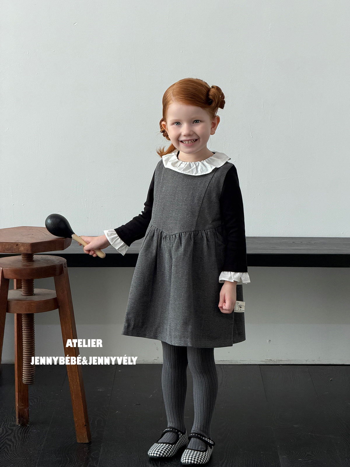 Camiseta de manga larga con cuello de volantes y vestido sin mangas para niña 【mh0014659】