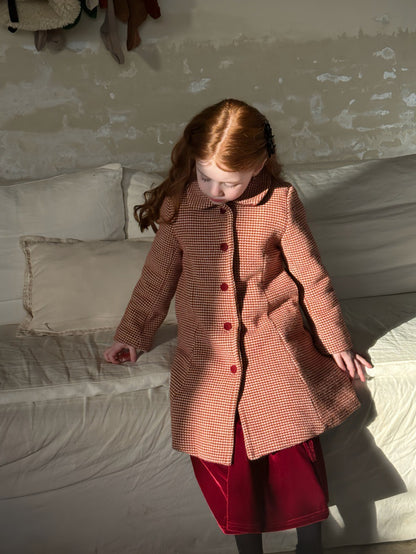 A-line retro coat with check pattern, round collar, quilted fur ribbon collar [mh0011889]