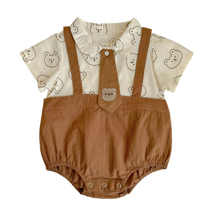 ベビーロンパース 半袖ドッキングボディスーツ ネクタイ ベアくまプリント【mh0005503】