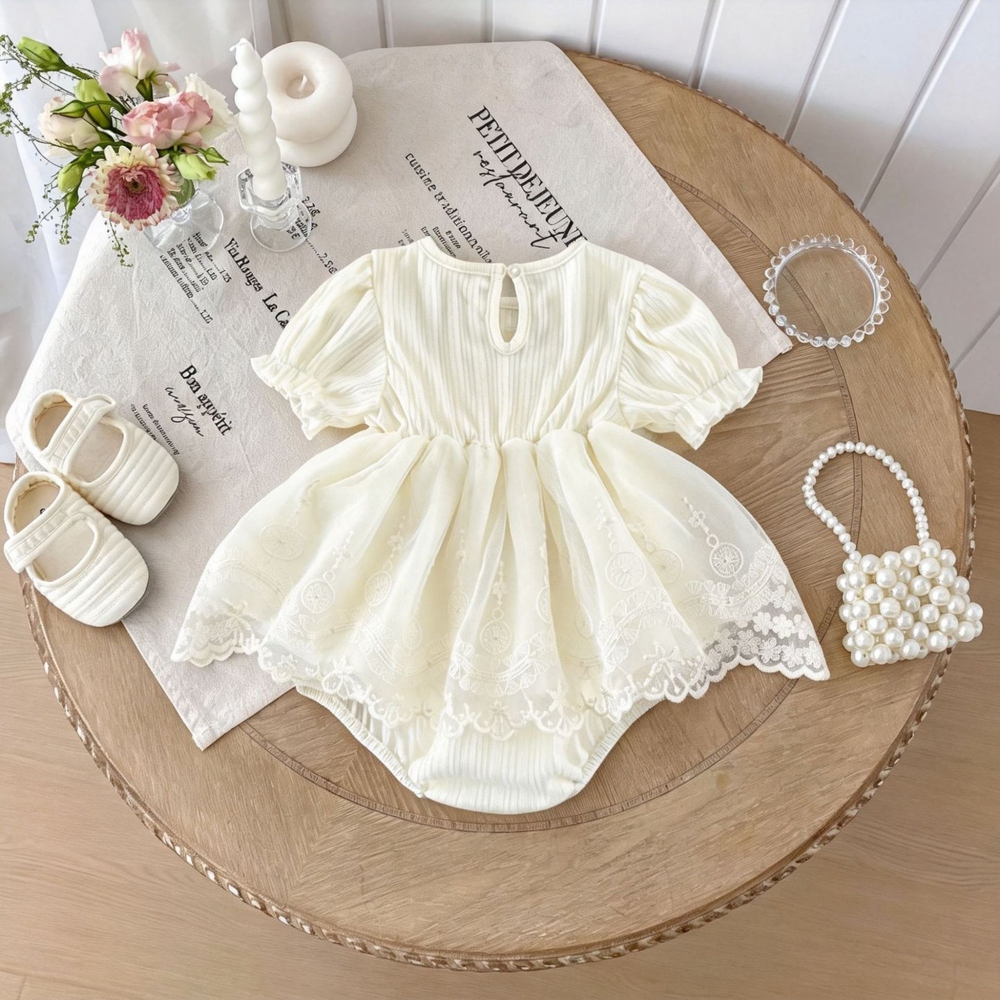 Lace Ruffle Mesh Patchwork Puff Sleeve Romper レース 半袖ロンパース【mh0013433】