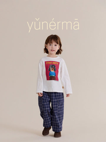 Pantalón largo ancho con solapa y estampado de cuadros para niños [mh0014235]